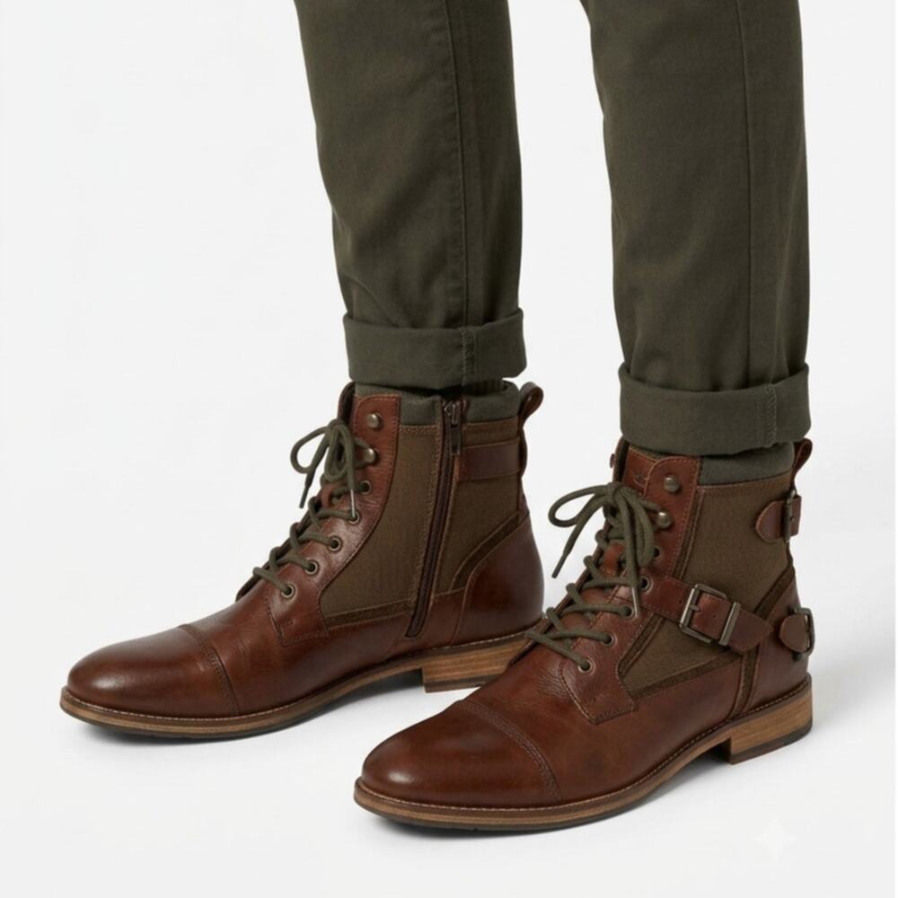 Franco Fortini Dalton Ankle Boots Men's 14 Brown Leather Lace Up Side Zip Straps